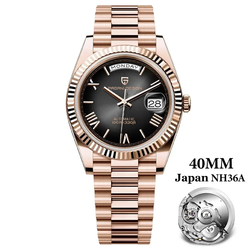Pagani Design rose-gold DD40 automatic men's watch with black dial and day/date window