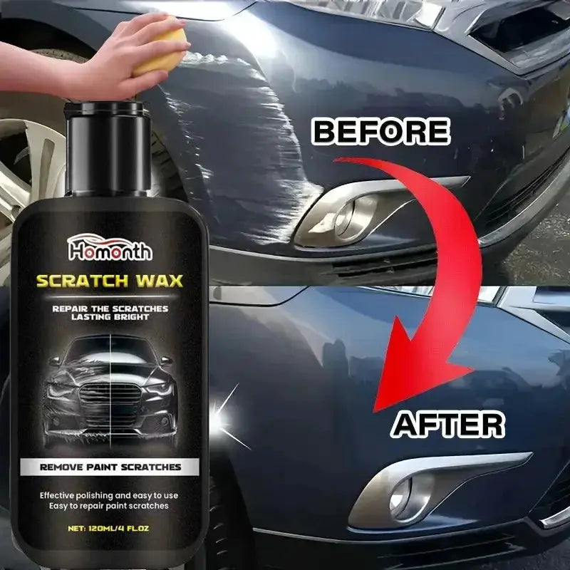 Car Scratch Wax by Homonth; black bottle with yellow label for paint repair and polishing