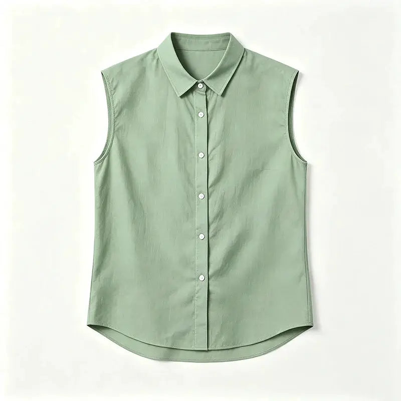Men's sleeveless cotton-linen shirt in sage green with turn-down collar, button front, regular fit