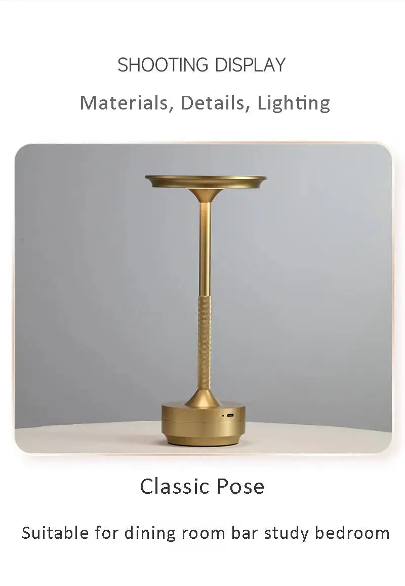 Simples Market wireless decorative table lamp, gold finish, rechargeable touch desk lamp, infinitely dimmable