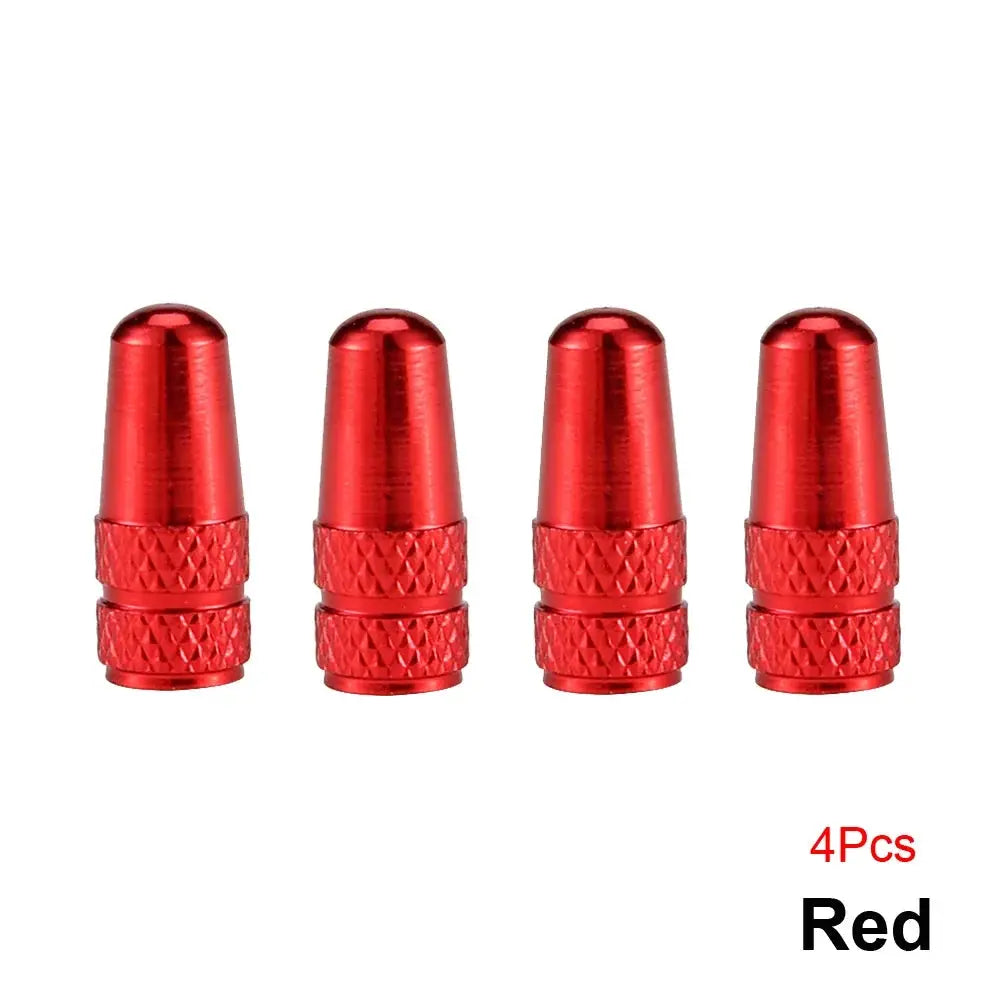 Bicycle Presta valve caps, red aluminum alloy, knurled grip, 4-piece set