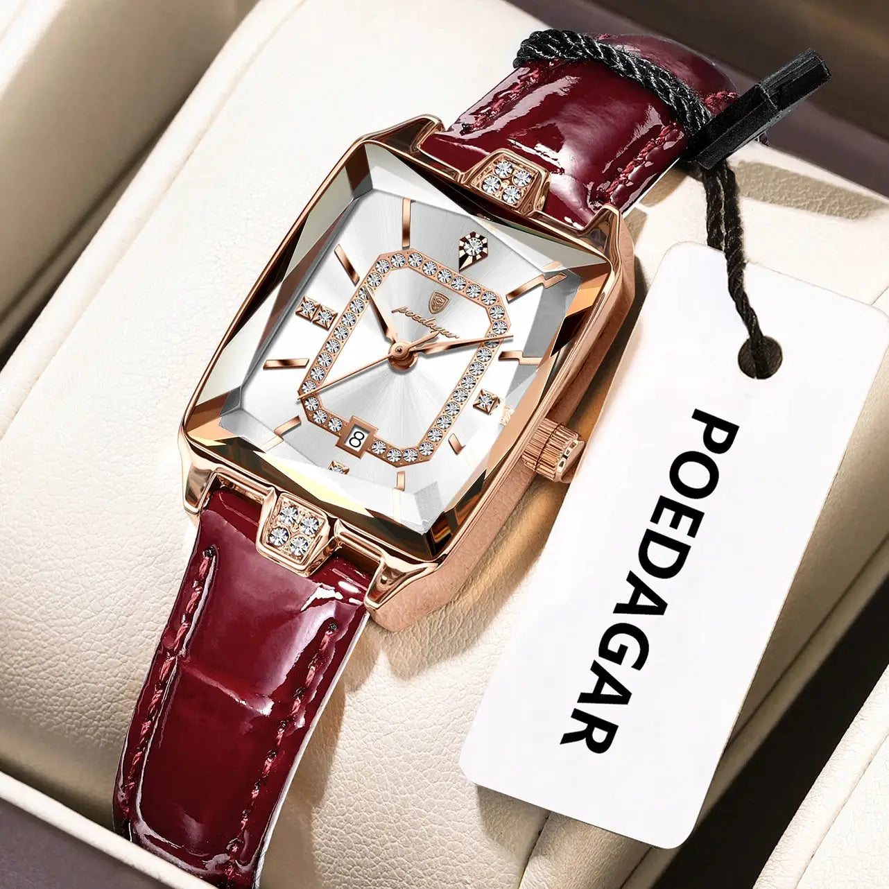 POEDAGAR luxury women's wristwatch with rose-gold case and burgundy leather strap.