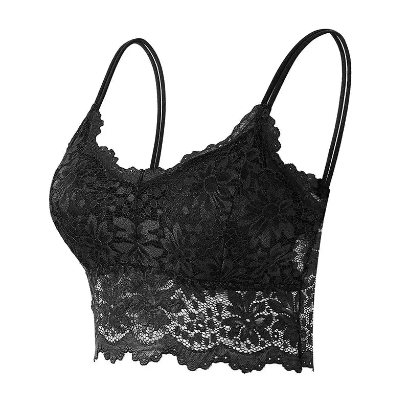Lace bralette in black with floral pattern and scalloped hem, wireless seamless lingerie