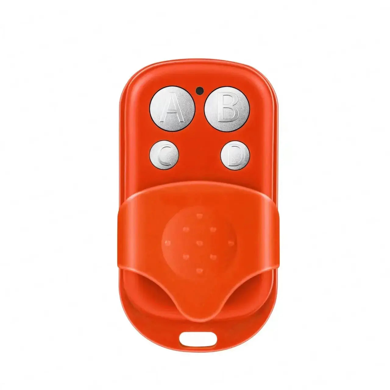 Universal garage door opener remote by Simples Market, red housing with four silver A/B/C/D buttons