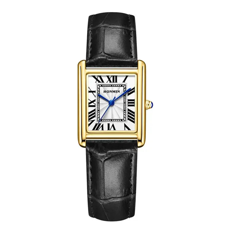 Rectangular gold-tone wristwatch with black leather strap, blue hands, Roman numerals, and HONNM branding on dial
