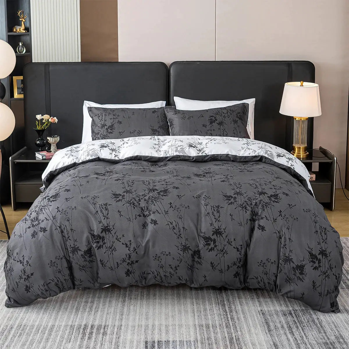 3pc Zhusheng Kongye pattern duvet cover set by Simples Market, gray botanical print with 1 duvet cover + 2 pillowcases