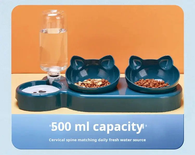 Simples Market pet bowls with water feeder, two teal cat-ear bowls with gravity water bottle (500 ml capacity)