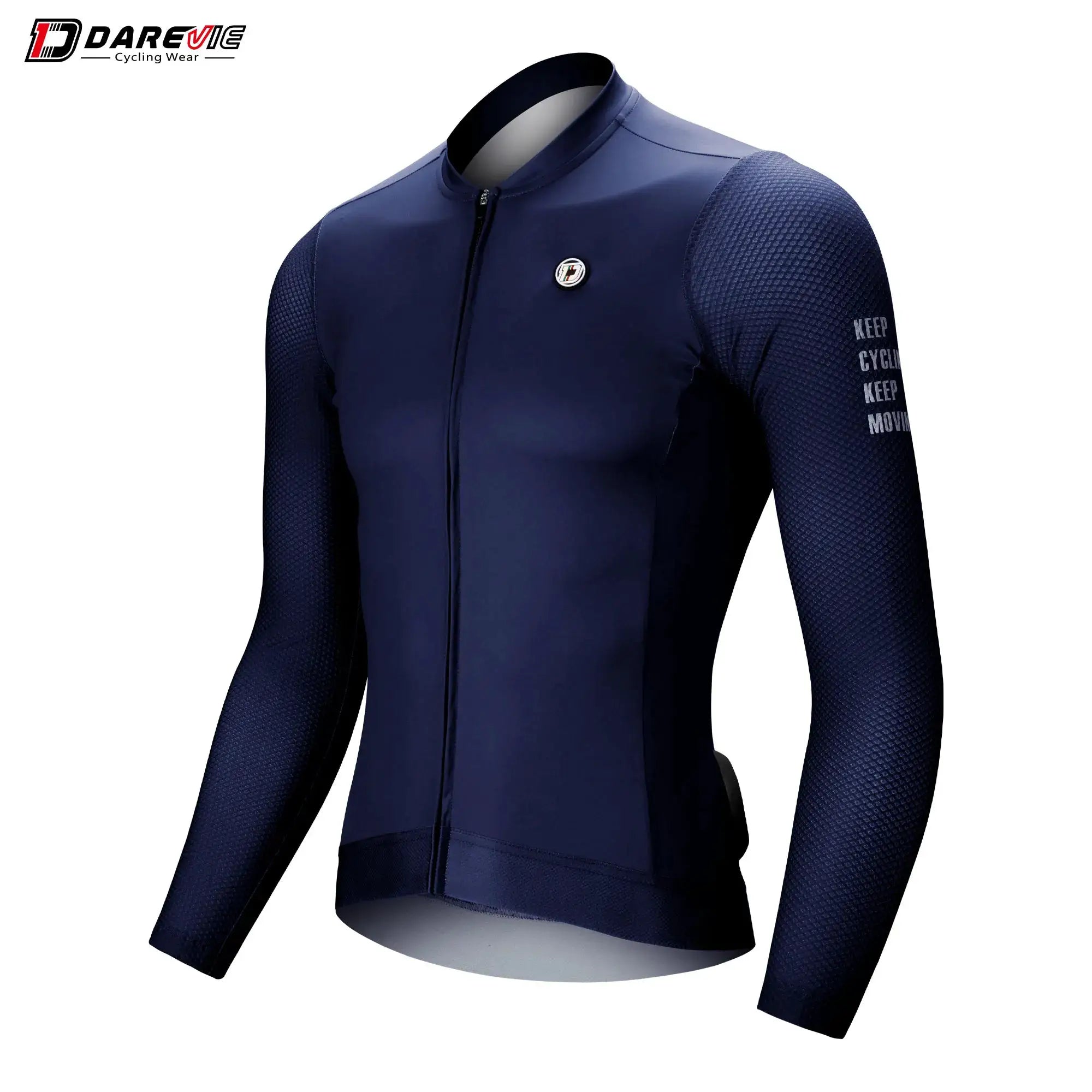 DAREVIE cycling jersey in navy with long sleeves and textured mesh panels, small chest logo badge visible.