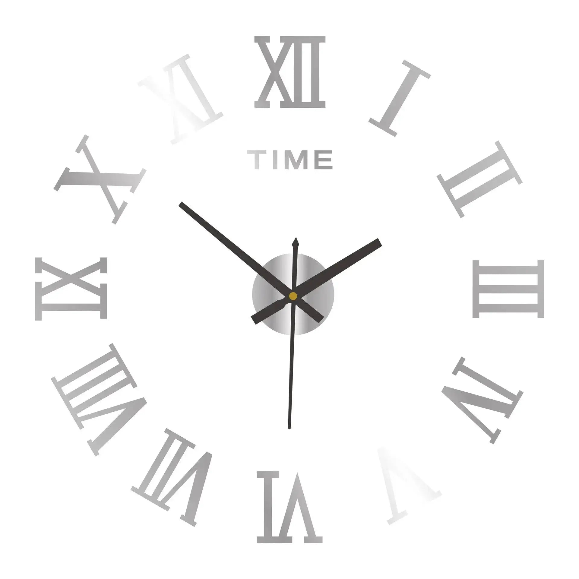 3D acrylic wall clock with Roman numeral design; large round clock with gray numerals and black hands