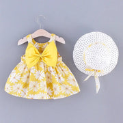 Baby Girl Summer Dress With Bow And Daisy Print Suspender Beach Outfit Hat Included Cute Casual Clothes