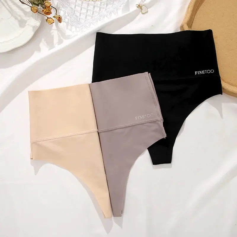Seamless high-waist thong underwear set of 3 in nude, taupe, and black by FINETOO breathable body-shaping plus-size S-XL