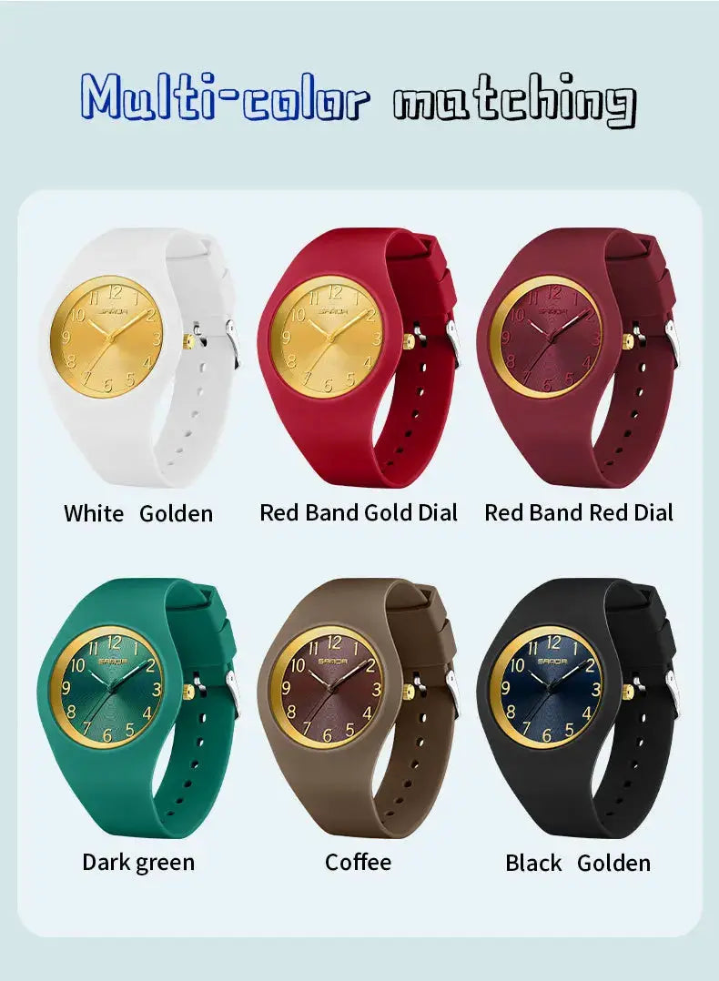 SANDA 6186 student quartz watch with silicone strap; 6 color options white, red band, dark green, coffee, black.