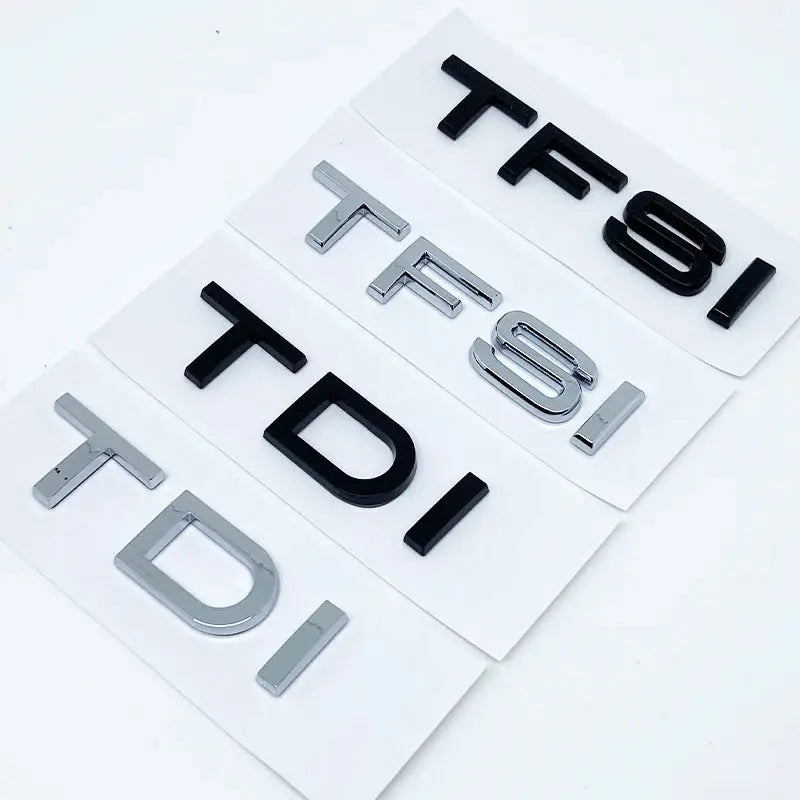 4-sheet 3D ABS trunk badge decals in black and chrome with TFSI and TDI lettering for Audi A1–A8 and Q-series