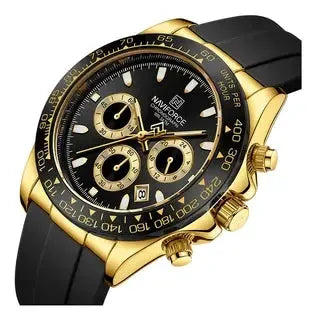 Naviforce men's watch with gold-tone case, black silicone strap, chronograph dial, luminous hands