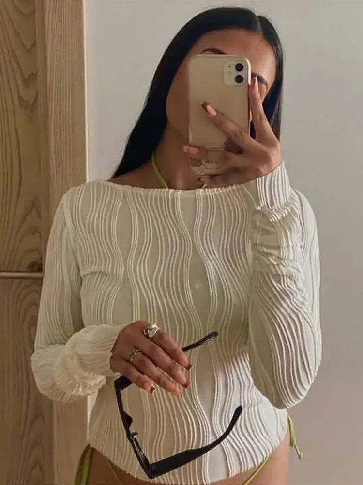 NovaMode Women Ruched Long Sleeve Cropped Top Cotton Blend Slim Fit White True To Size