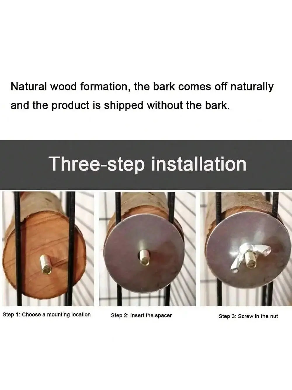 Simples Market natural wood parrot branch perch for bird cage; three-step installation diagram showing mounting steps