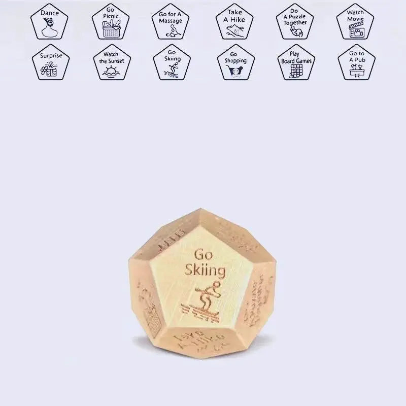 Dice for couples Go Skiing by Simples Market; wooden 20‑sided decision dice