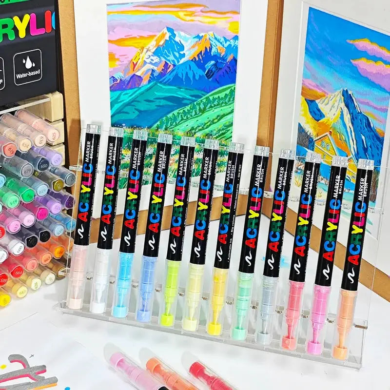 Simples Market 12-120 colors waterproof acrylic marker pens with soft brush nibs on a clear display rack