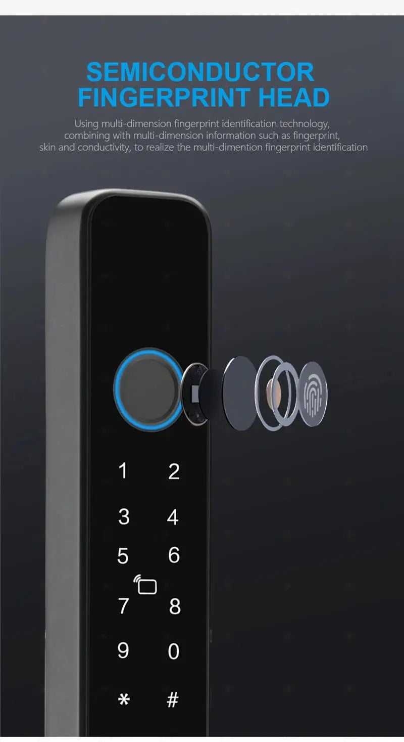 Waterproof sliding door smart lock by Simples Market with fingerprint and keypad; black aluminum with blue sensor ring