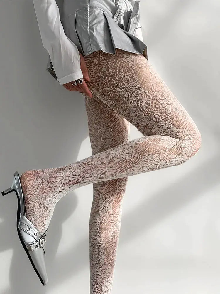 Lolita Sweet Floral Punk Style Colorful Thigh High Tights Hollow Out Mesh Fishnet Design For Women