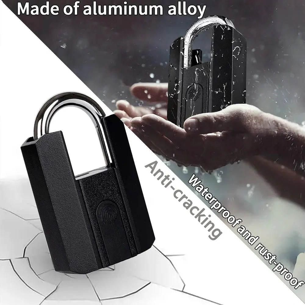 Smart padlock by Simples Market (BBDHOME); black aluminum alloy body with fingerprint, waterproof and anti-cracking