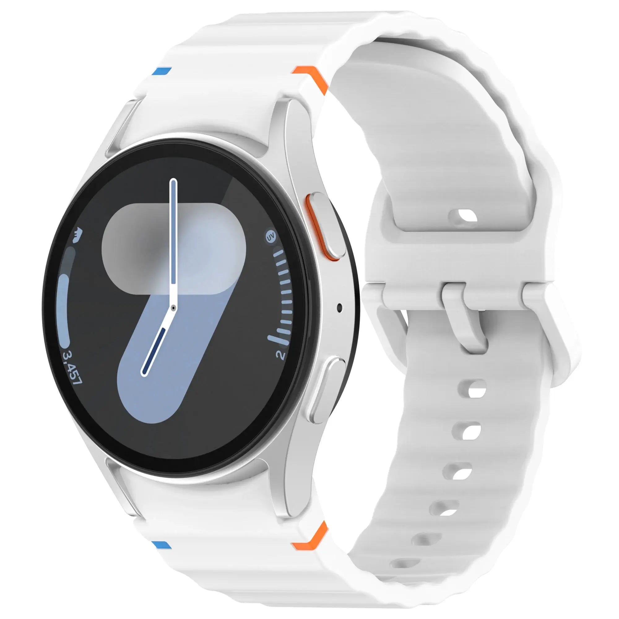 Original Samsung Galaxy Watch white silicone strap by Simples Market with blue and orange accents