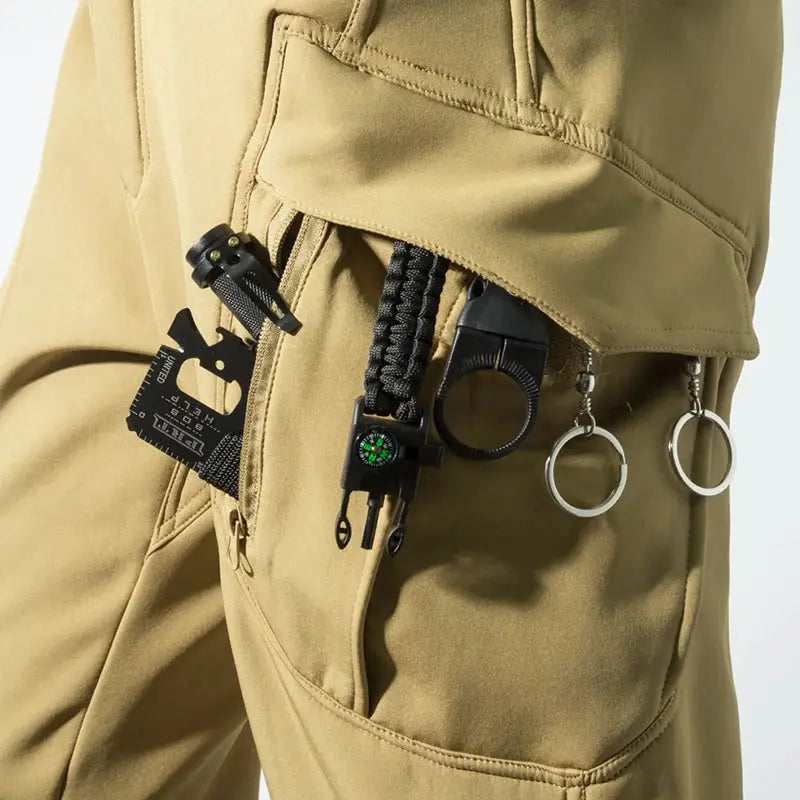 Men's City Cargo Autumn Winter Fleece Softshell Hiking Pants by Simples Market in tan with utility pockets