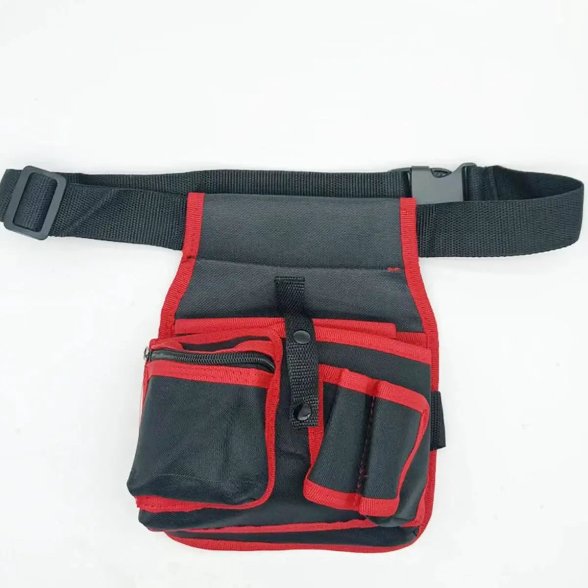 Hardware and Electrician's Tool Bag with red-trim pockets on black fabric, adjustable waist belt.