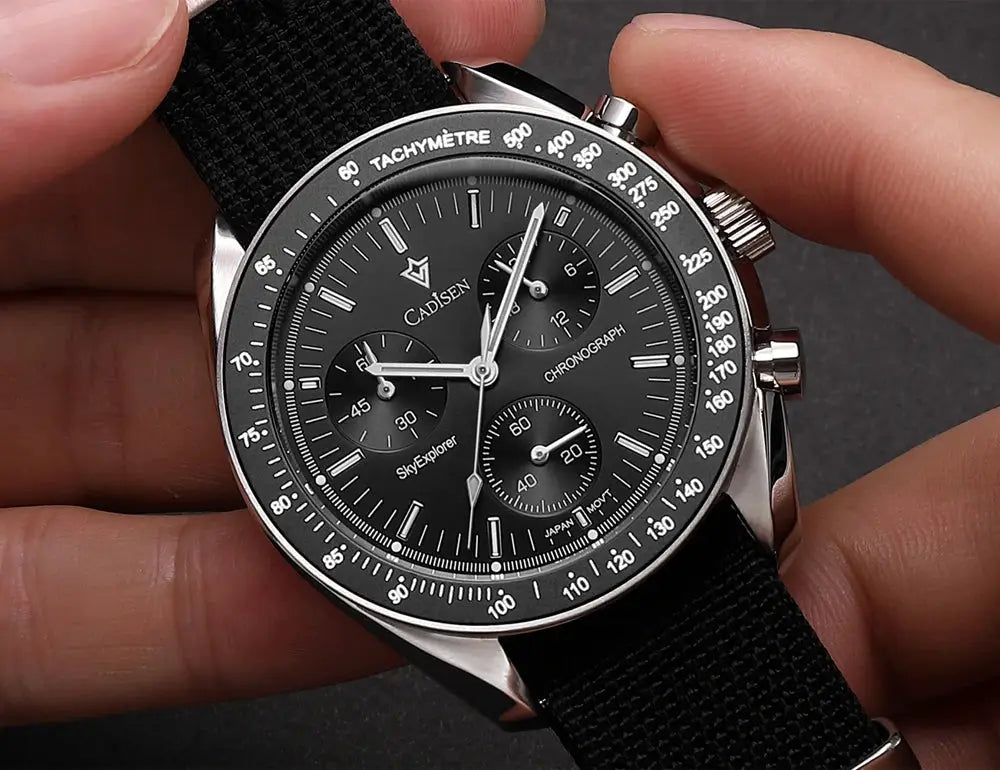 CADISEN men's luxury chronograph watch with black dial, tachymeter bezel and canvas strap