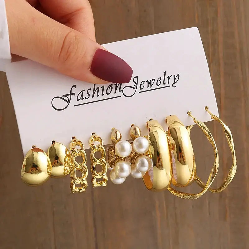 Gold Color Vintage Geometry Pearl Earrings Set Metal Twine Square and Round Dangle Earrings for Women Party Jewelry