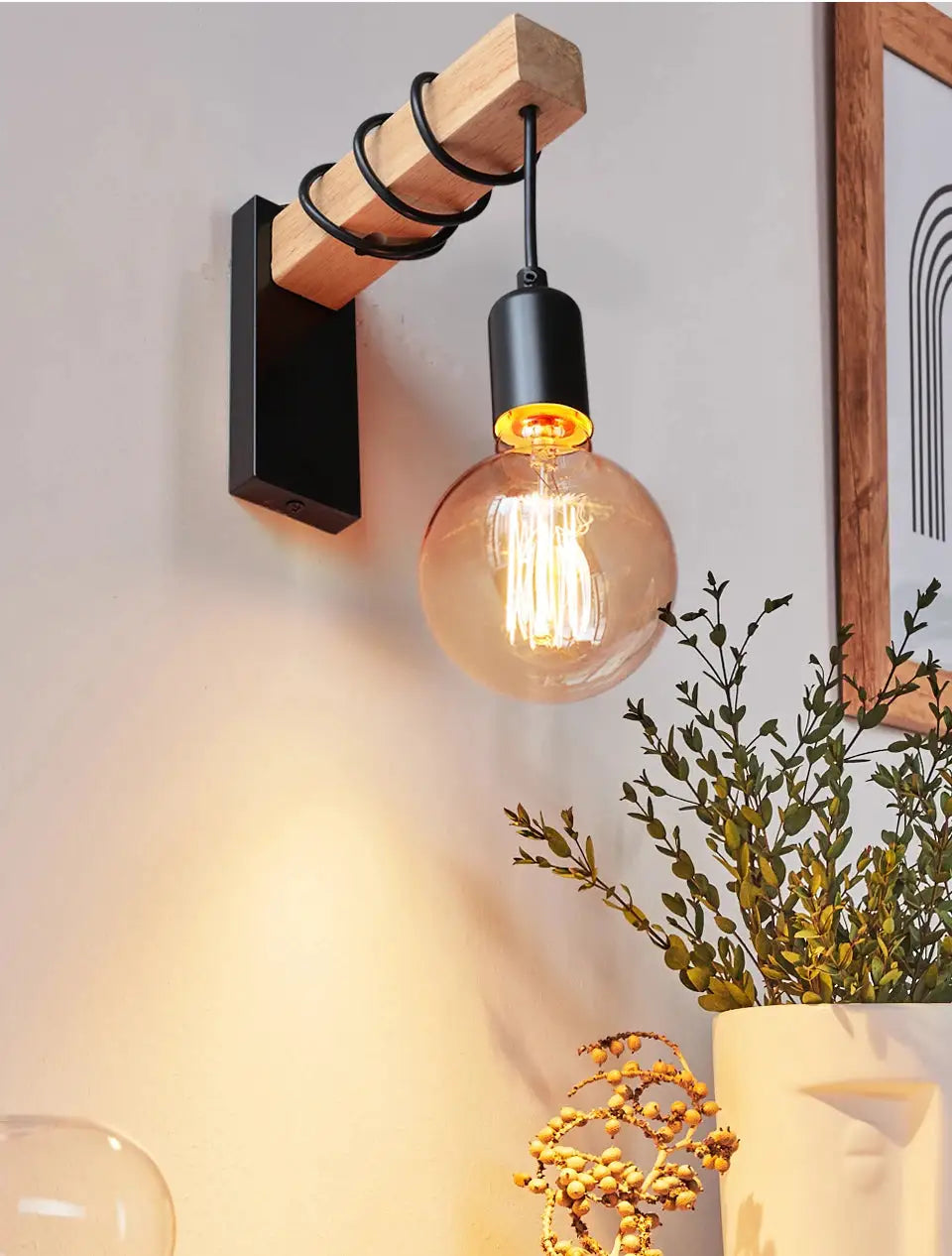 Retro industrial wall light with wooden bar and exposed Edison bulb