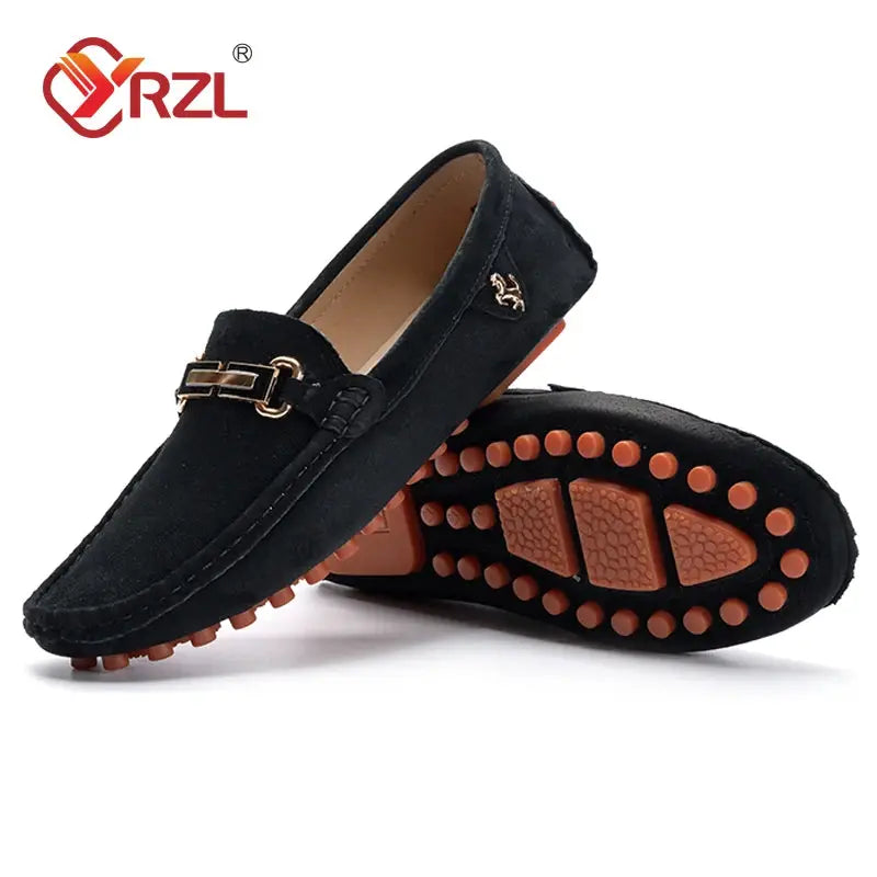 YRZL men's black suede loafers pair with gold horsebit detail and rubber studded driving sole