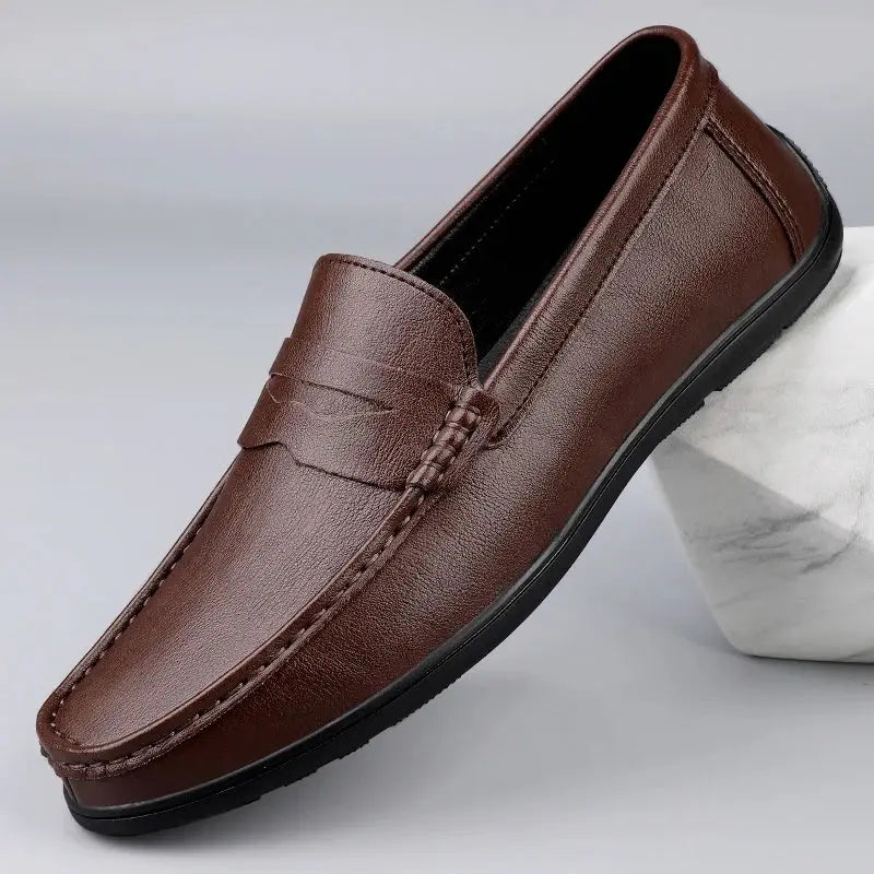 Brown genuine leather men's loafer, slip-on casual dress shoe with black sole