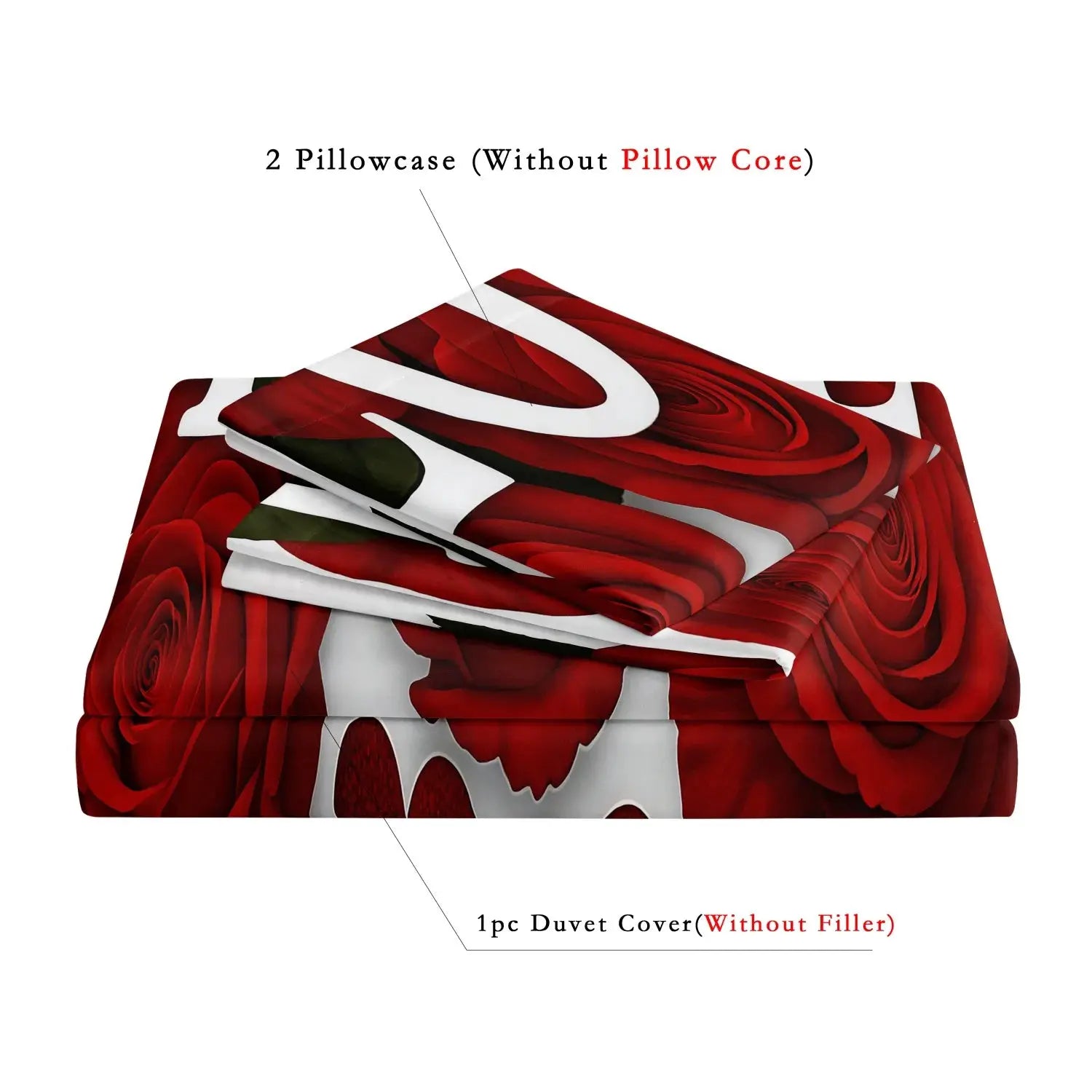 3-piece red rose bedding set with duvet cover and two pillowcases