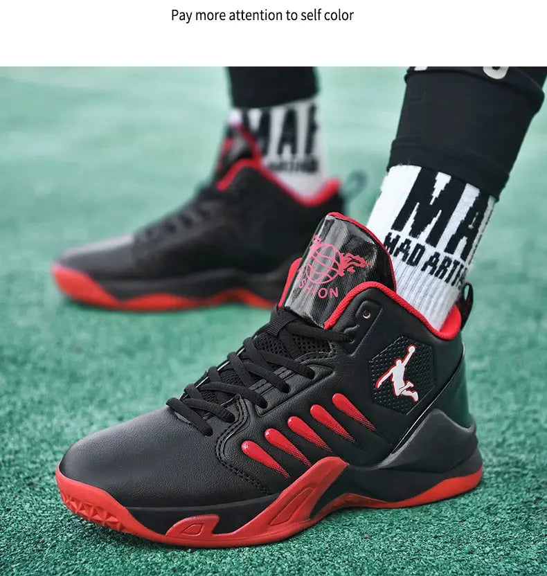 Pair of men's black and red sneakers with side logo, breathable trainer for daily wear