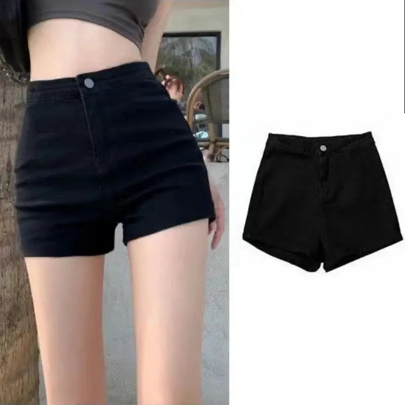 Black high-waisted women's casual shorts by Simples Market, ultra-short slimming fit, two-view image