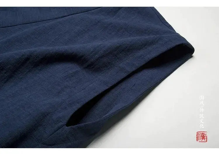Hanfu vest for men in navy linen-cotton fabric, sleeveless Tang-style top by Simples Market
