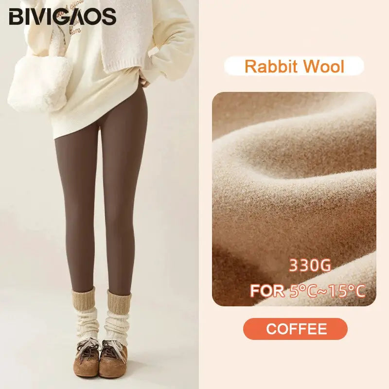 BIVIGAOS rabbit fleece-lined leggings for women in coffee brown, warm tights