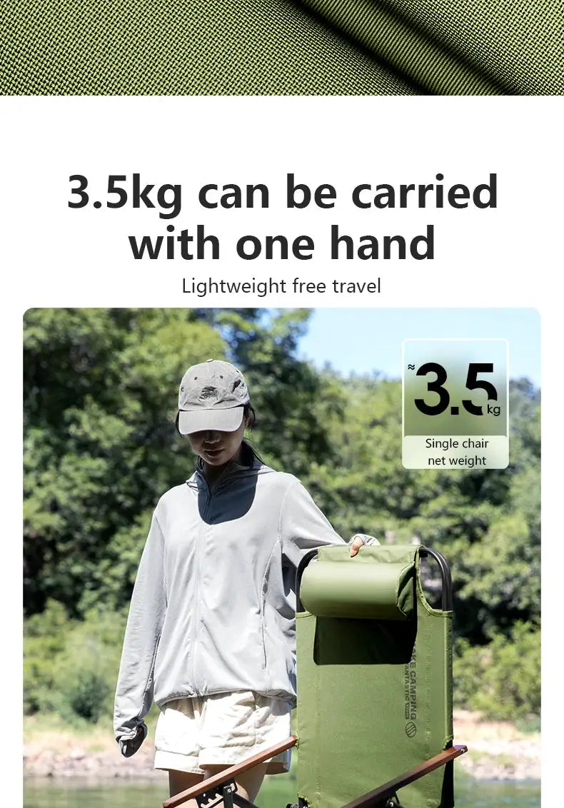 BISINNA camping folding chair in olive green with detachable pillow, lightweight 3.5 kg for beach travel
