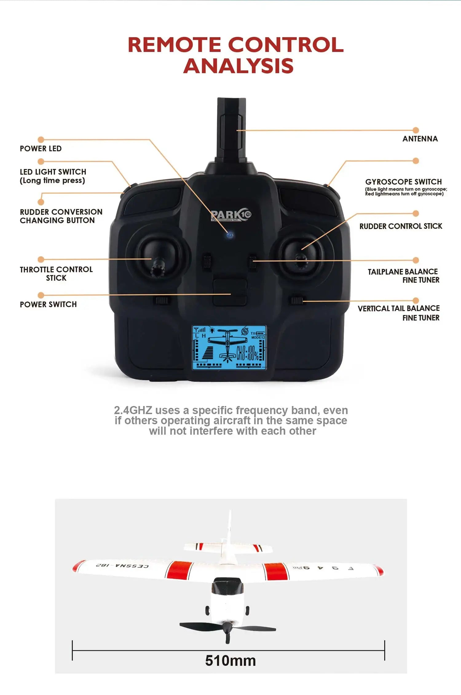 WLtoys 2.4G F949 LCD RC airplane remote controller with gyro switch and labeled sticks
