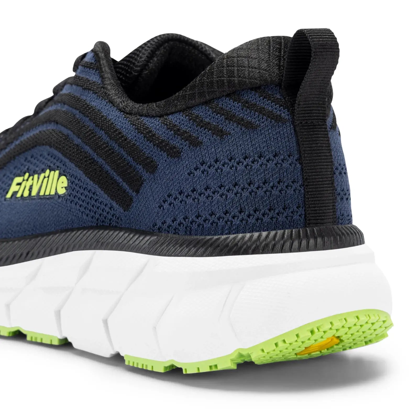 FitVille wide toe box running shoes, blue knit upper with black accents, cushioned midsole, lime outsole
