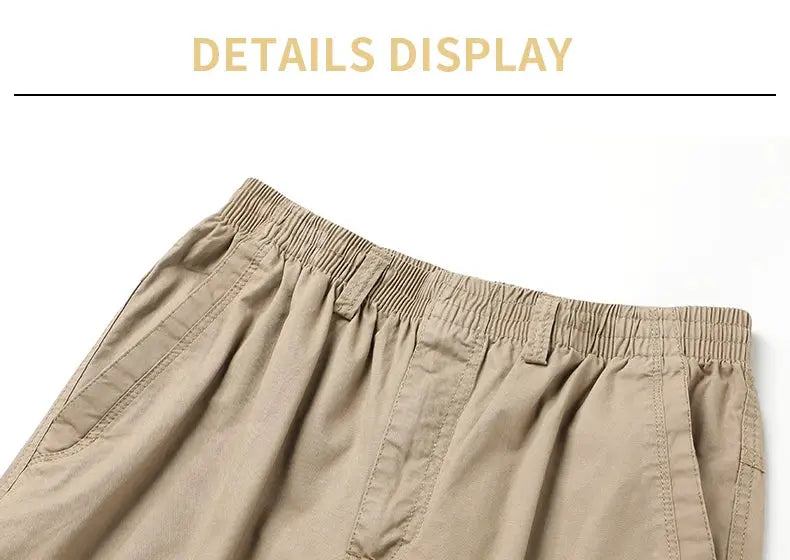 Men's beige cotton cargo pants with elastic waistband and side pockets