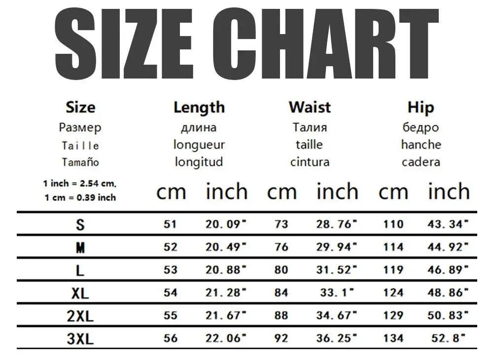 Simples Market men’s workout shorts size chart showing waist, hip, and length measurements from S to 3XL