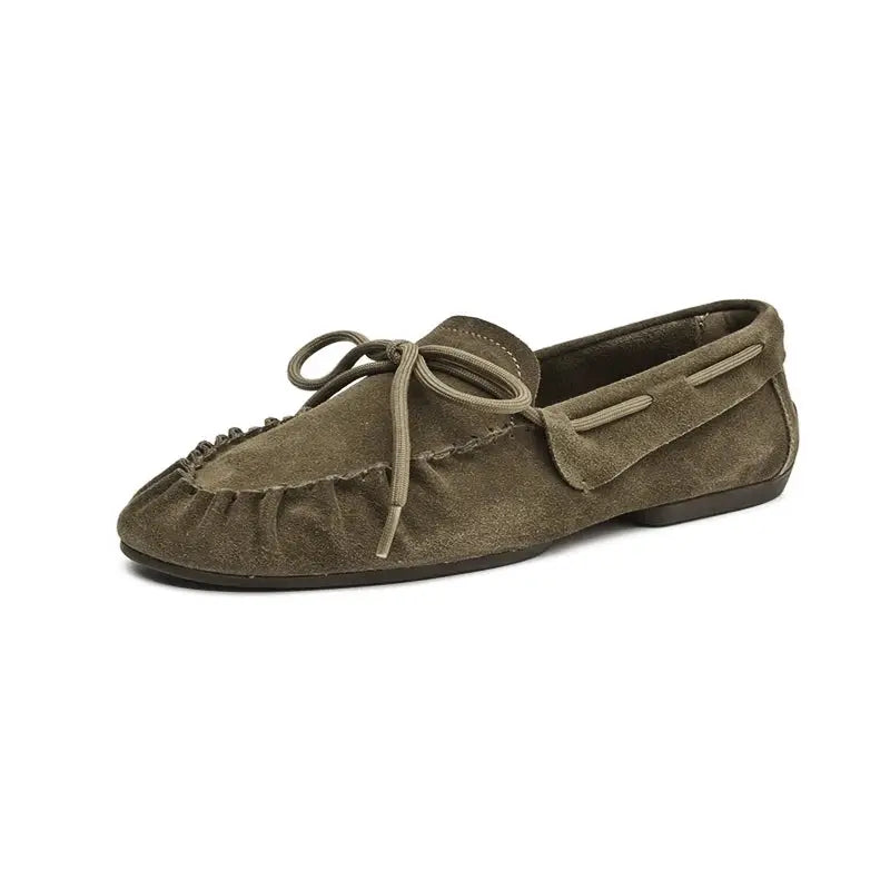 AIYUQI Womens Suede Loafers Hand Sewn Pleats Casual Flat Shoes