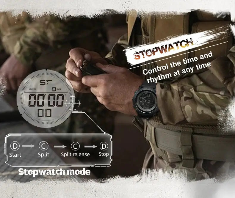 North Edge men's digital military wristwatch with stopwatch mode, black display, 50m waterproof.