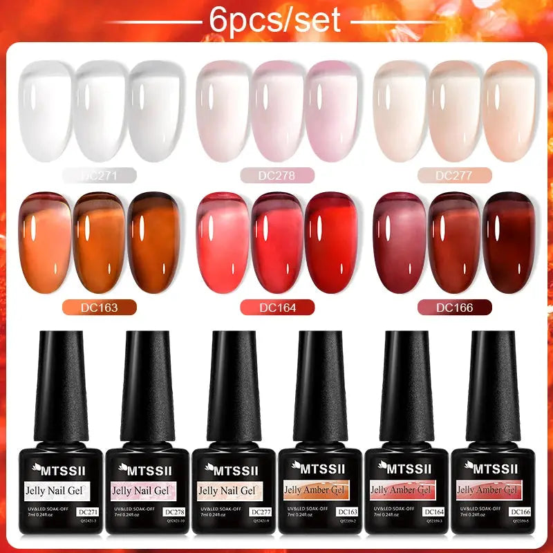 MTSSII Jelly Nail Gel Kit 6pc Set; six translucent jelly polishes in assorted colors with black-cap bottles