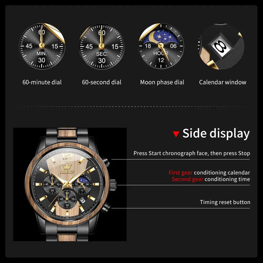 OLEVS men's wooden wristwatch with black dial, wood bezel, multi-dial subdials and calendar window