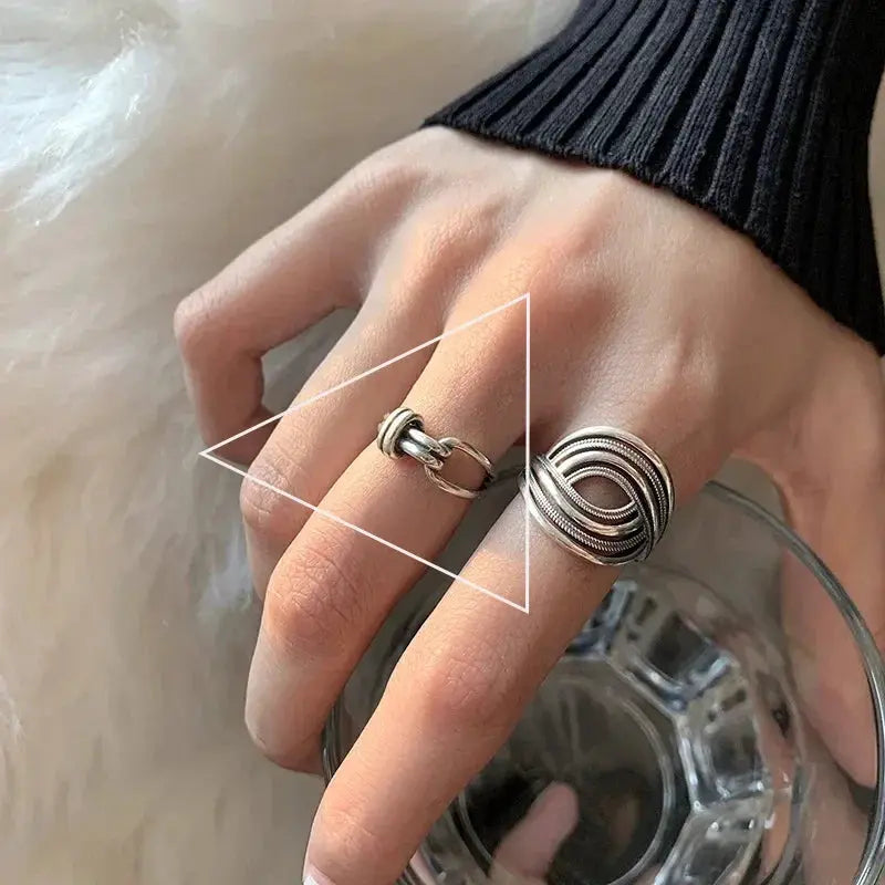 Ventfille 925 Sterling Silver Rings Fashion Hip Hop Vintage Couples Hollow Lines Punk Silver Party Adjustable Jewelry