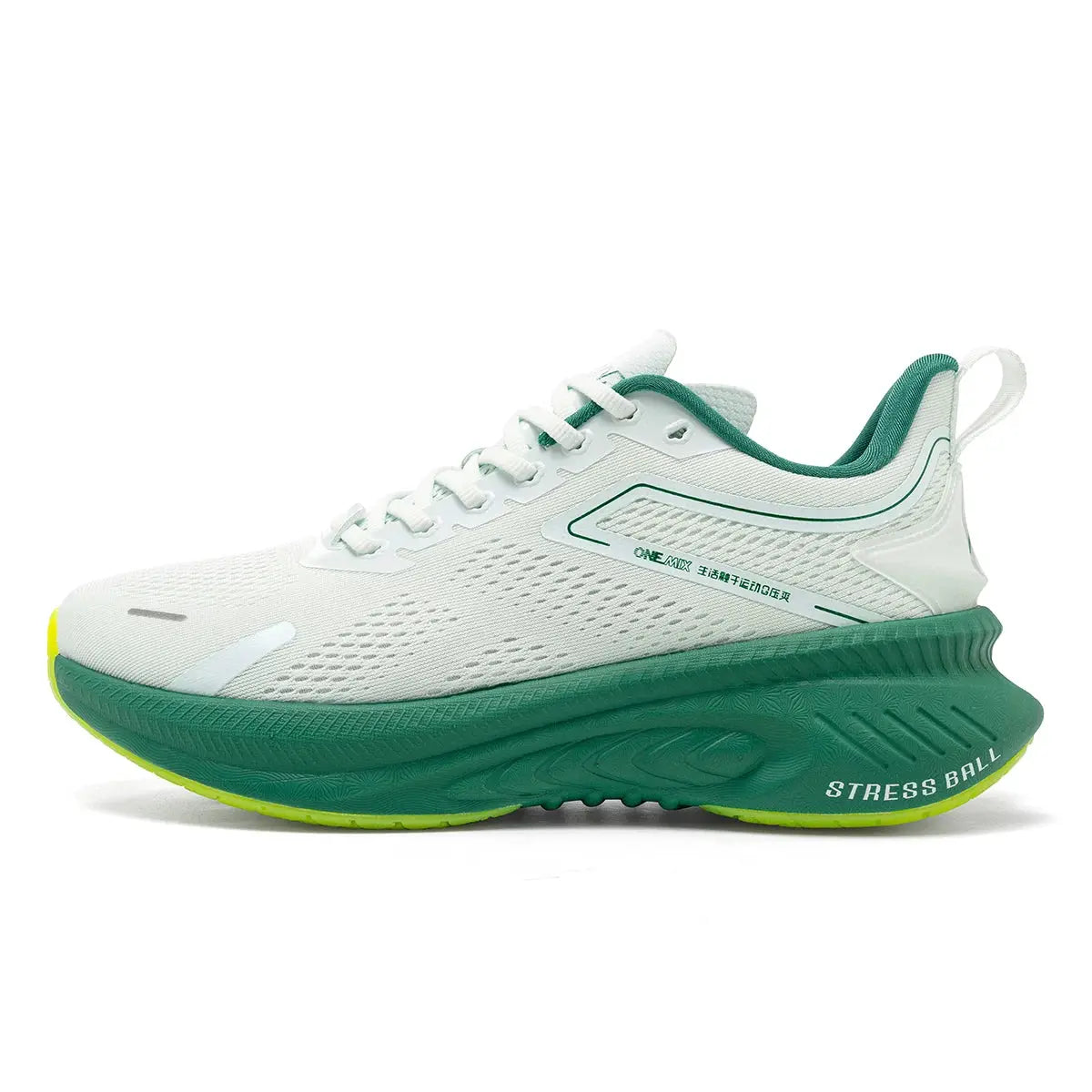 ONEMIX breathable mesh running shoes, white with green sole and lime accents