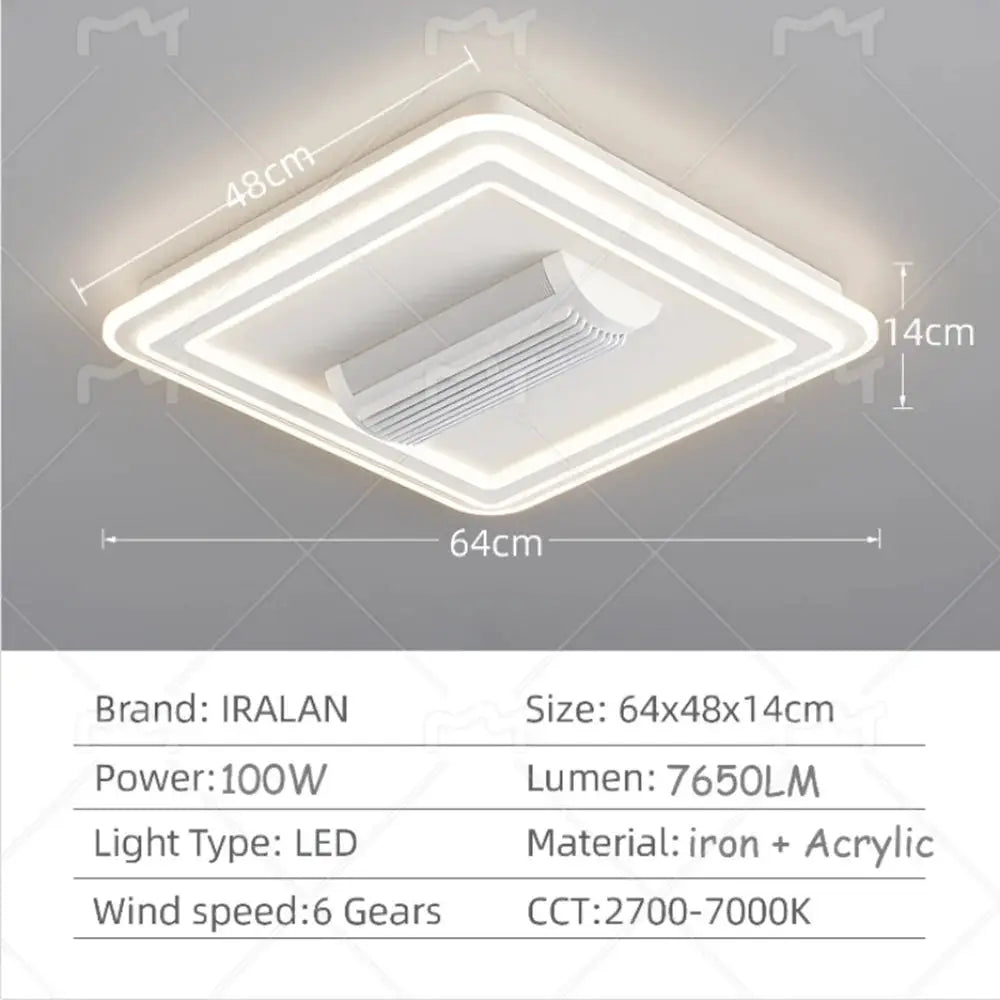 Bladeless LED ceiling fan chandelier in white square frame by IRALAN for indoor living spaces